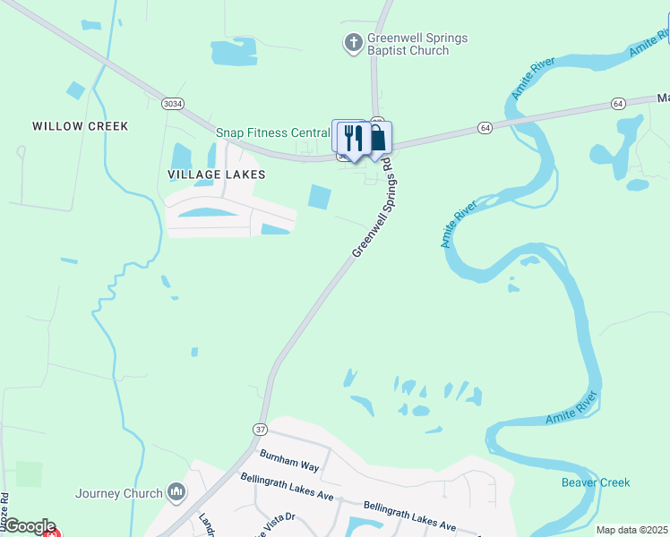 map of restaurants, bars, coffee shops, grocery stores, and more near 18619 Greenwell Springs Road in Central