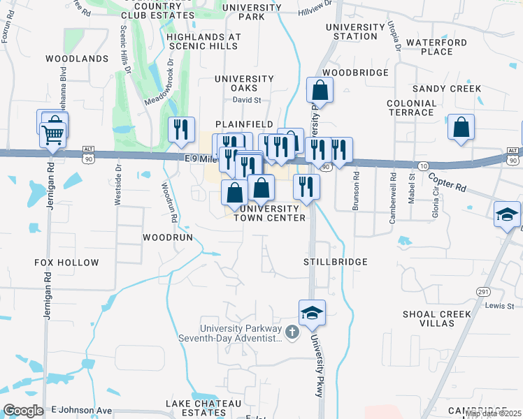map of restaurants, bars, coffee shops, grocery stores, and more near 1749 East 9 Mile Road in Pensacola