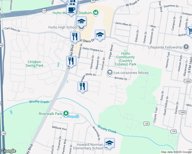 map of restaurants, bars, coffee shops, grocery stores, and more near 1108 Reagan Wells Drive in Hutto