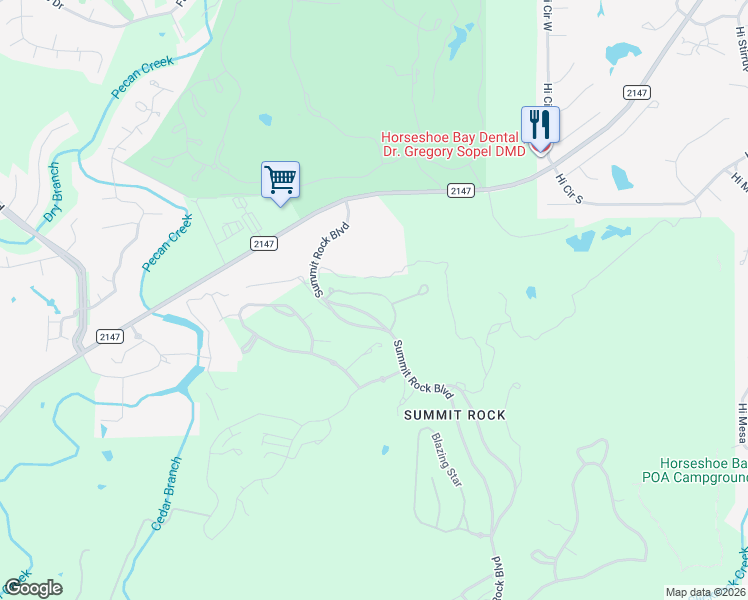 map of restaurants, bars, coffee shops, grocery stores, and more near 120 Azalea Loop in Horseshoe Bay