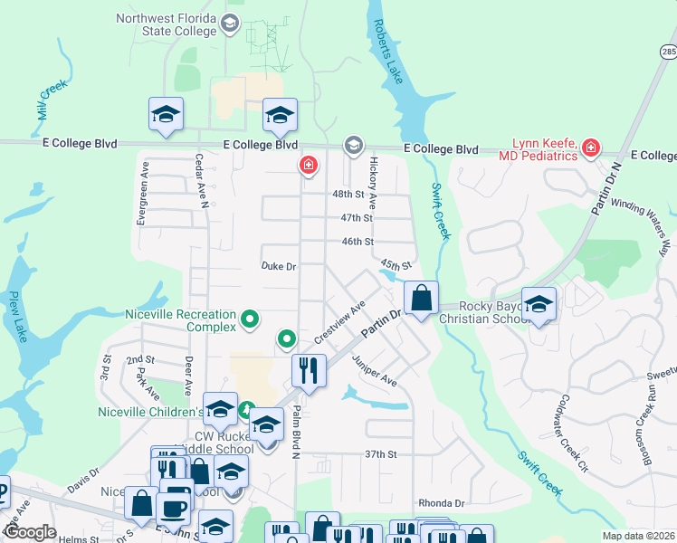 map of restaurants, bars, coffee shops, grocery stores, and more near 401 Hickory Avenue in Niceville