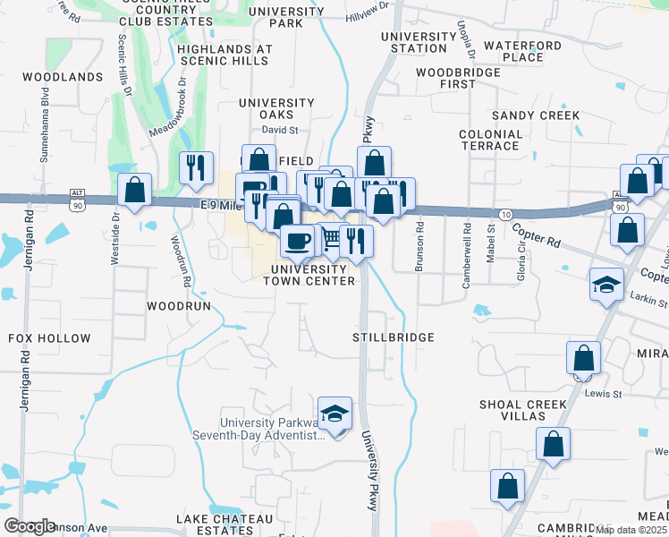 map of restaurants, bars, coffee shops, grocery stores, and more near 9251 University Parkway in Pensacola