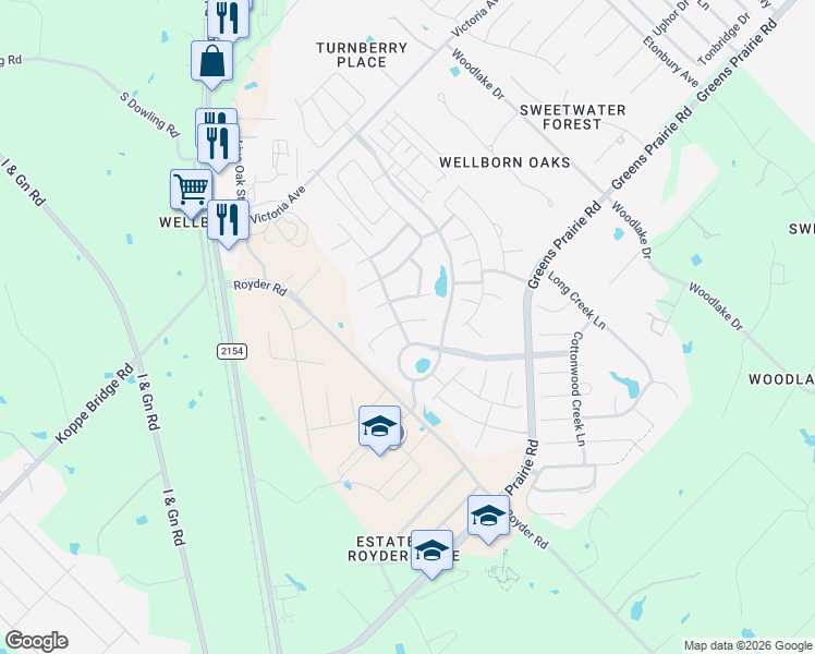 map of restaurants, bars, coffee shops, grocery stores, and more near 4115 Cripple Creek Court in College Station