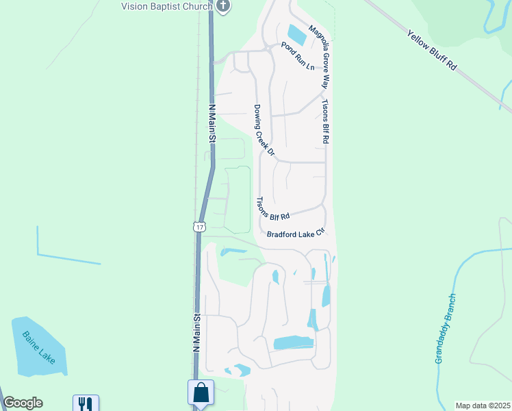 map of restaurants, bars, coffee shops, grocery stores, and more near 16002 Tison Bluff Road in Jacksonville