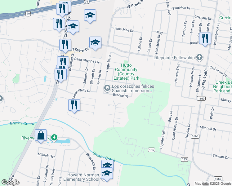 map of restaurants, bars, coffee shops, grocery stores, and more near 113 Brooke Street in Hutto