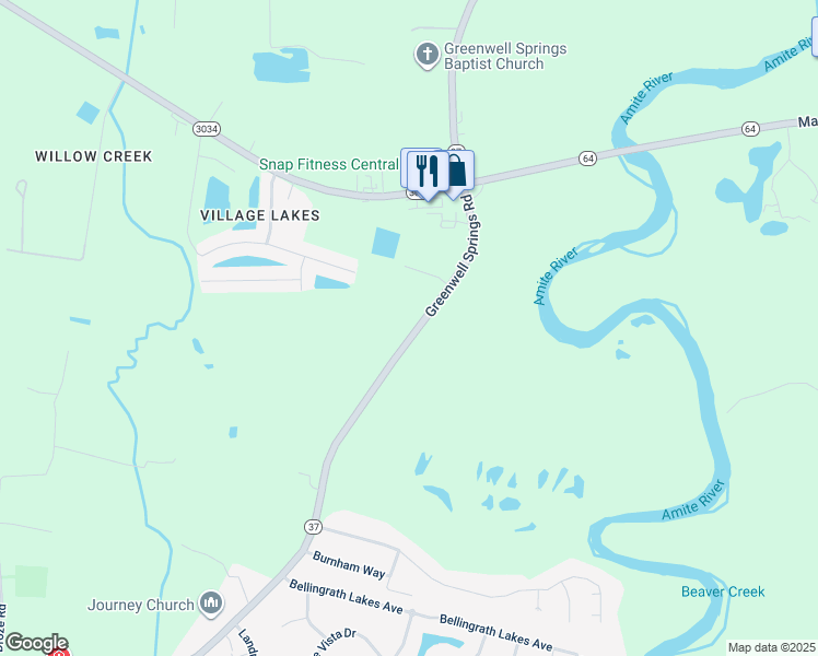 map of restaurants, bars, coffee shops, grocery stores, and more near 18621 Greenwell Springs Road in Central