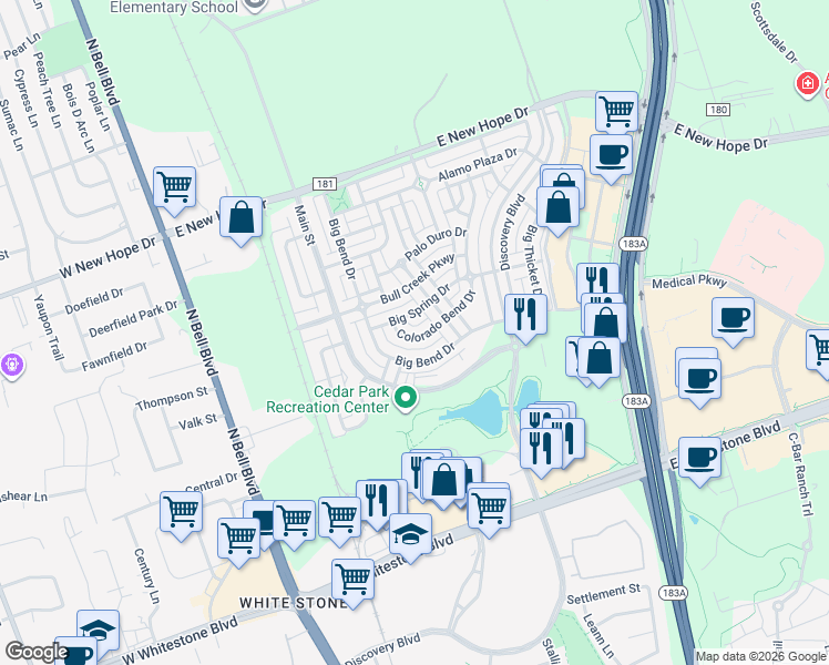 map of restaurants, bars, coffee shops, grocery stores, and more near 1409 Colorado Bend Drive in Cedar Park