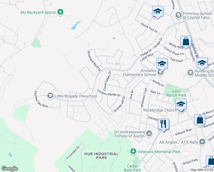 map of restaurants, bars, coffee shops, grocery stores, and more near 2836 Coral Valley Drive in Leander