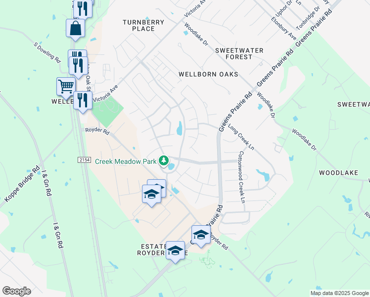 map of restaurants, bars, coffee shops, grocery stores, and more near 15518 Baker Meadow Loop in College Station