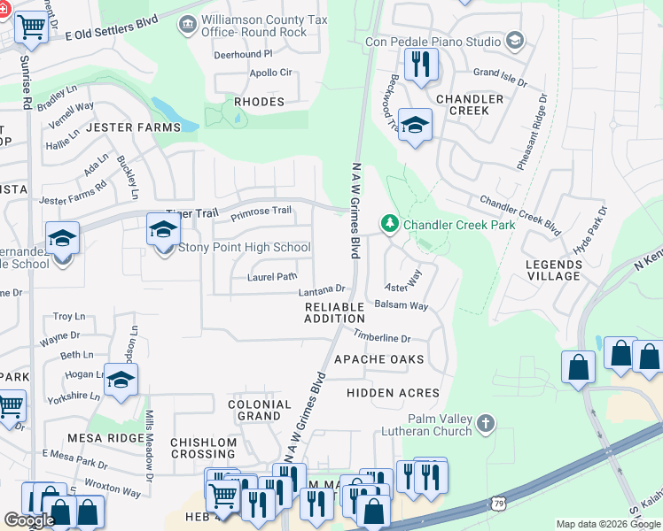 map of restaurants, bars, coffee shops, grocery stores, and more near 2008 Lantana Drive in Round Rock