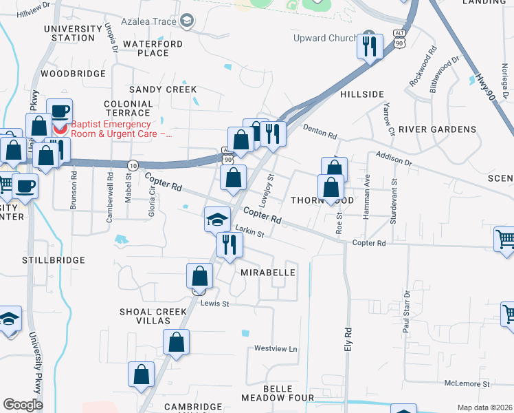 map of restaurants, bars, coffee shops, grocery stores, and more near 2610 Copter Road in Pensacola