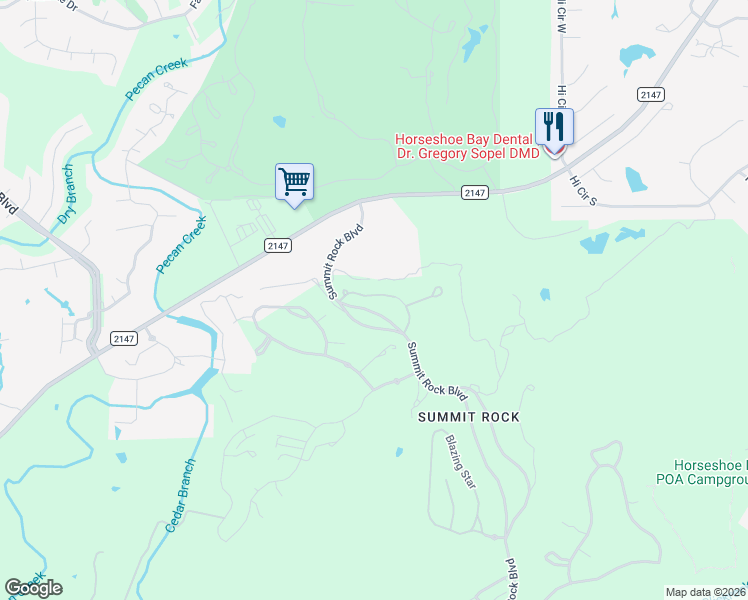 map of restaurants, bars, coffee shops, grocery stores, and more near 120 Azalea Loop in Horseshoe Bay