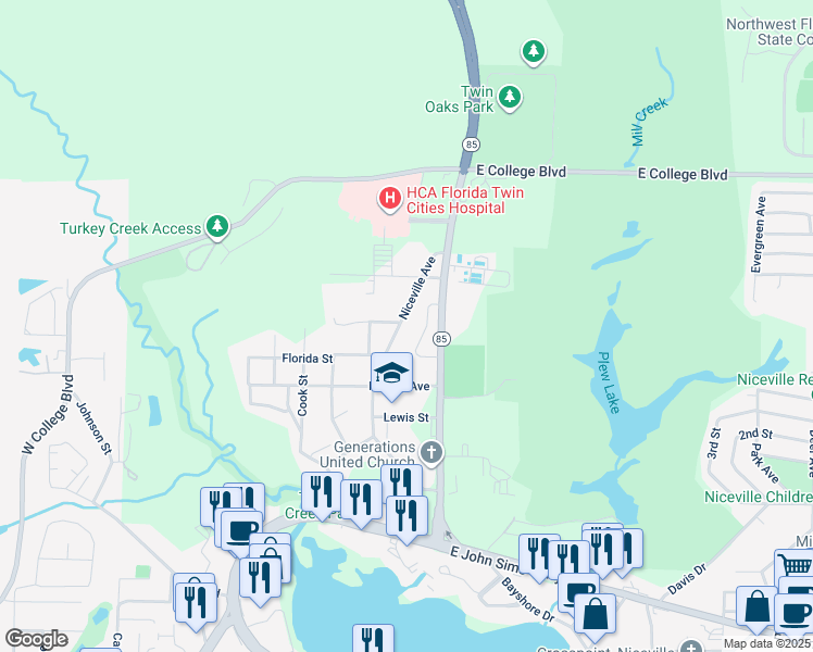 map of restaurants, bars, coffee shops, grocery stores, and more near 124 Arrowhead Way in Niceville