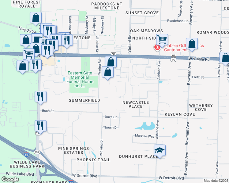 map of restaurants, bars, coffee shops, grocery stores, and more near 2023 Larkspur Circle in Pensacola