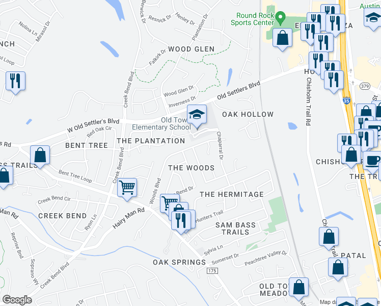 map of restaurants, bars, coffee shops, grocery stores, and more near 2006 Oakview Drive in Round Rock