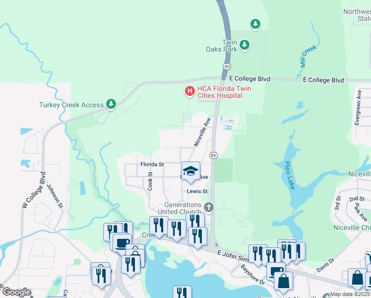 map of restaurants, bars, coffee shops, grocery stores, and more near 104 Azalea Drive in Niceville