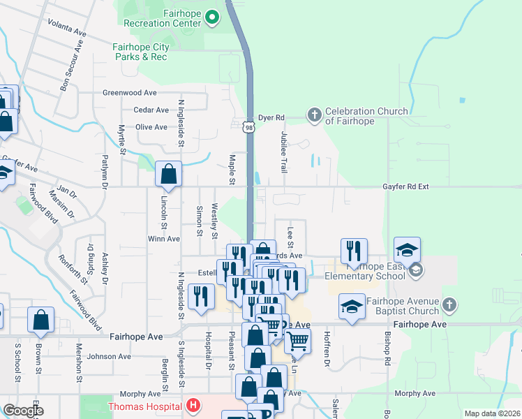 map of restaurants, bars, coffee shops, grocery stores, and more near 253 Jeff Davis Street in Fairhope