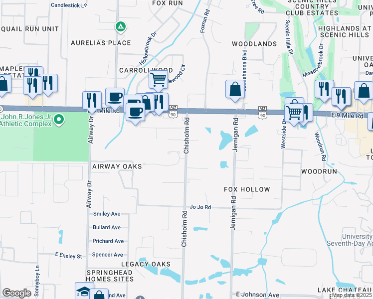 map of restaurants, bars, coffee shops, grocery stores, and more near 9245 Chisholm Road in Pensacola