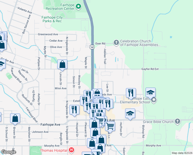 map of restaurants, bars, coffee shops, grocery stores, and more near 253 Jeff Davis Street in Fairhope