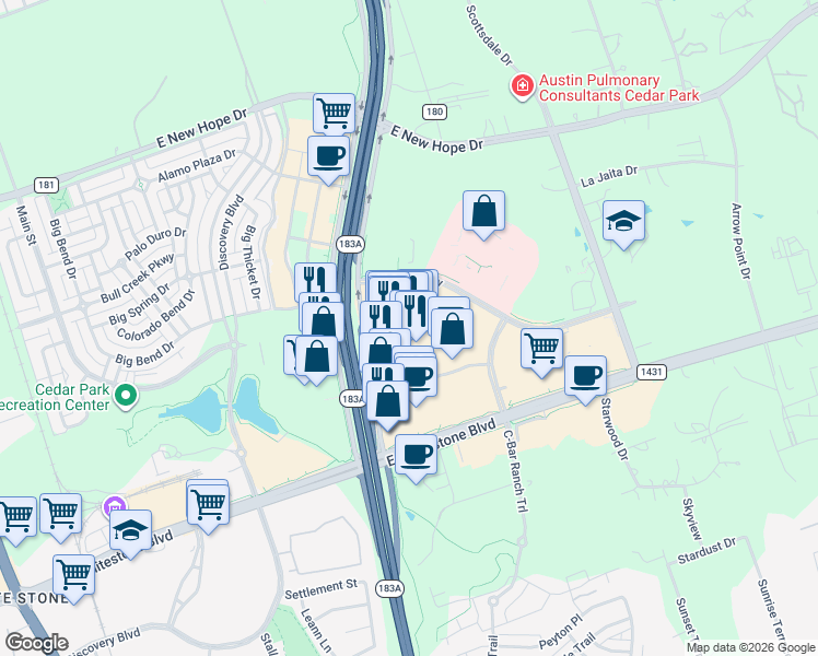 map of restaurants, bars, coffee shops, grocery stores, and more near 3300 Brushy Creek Road in Cedar Park