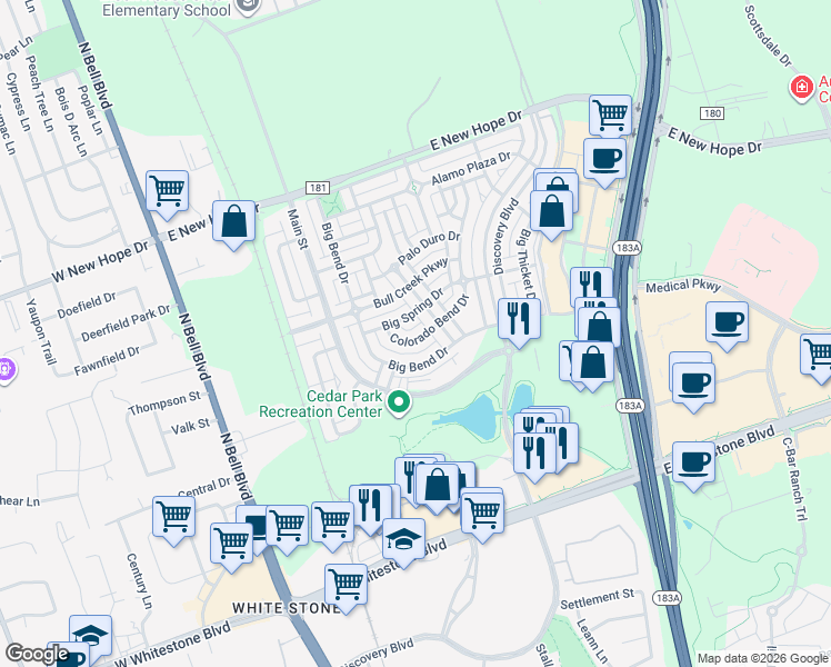 map of restaurants, bars, coffee shops, grocery stores, and more near 1409 Colorado Bend Drive in Cedar Park