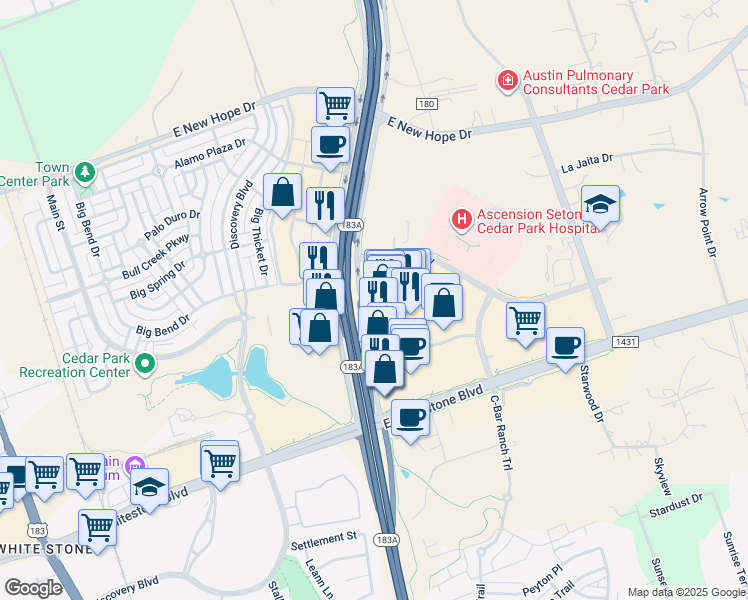 map of restaurants, bars, coffee shops, grocery stores, and more near 183A Frontage Road in Cedar Park