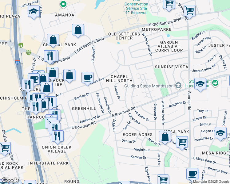 map of restaurants, bars, coffee shops, grocery stores, and more near 2004 Heathwood Circle in Round Rock