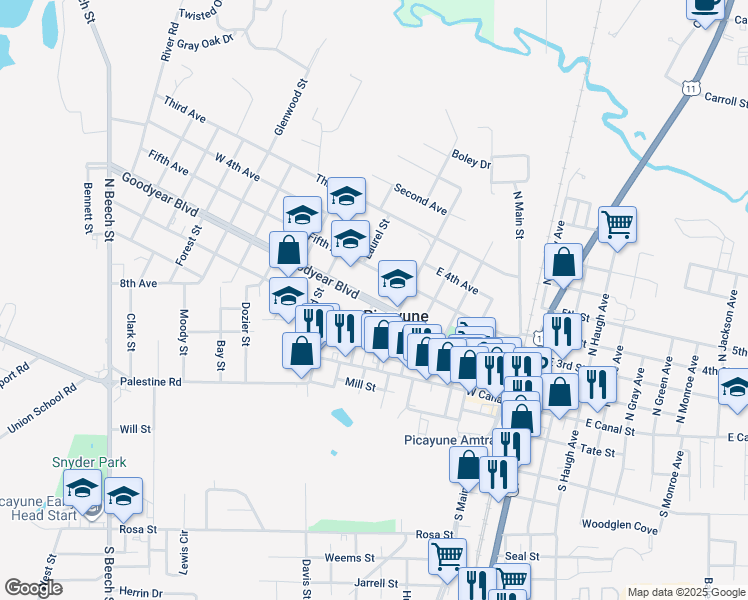 map of restaurants, bars, coffee shops, grocery stores, and more near 702 Goodyear Boulevard in Picayune