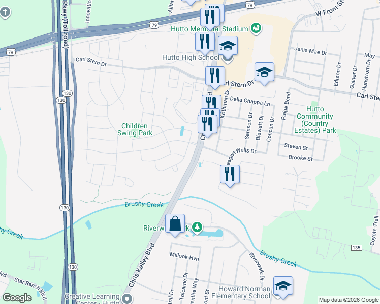 map of restaurants, bars, coffee shops, grocery stores, and more near 700 Farm to Market 685 in Hutto