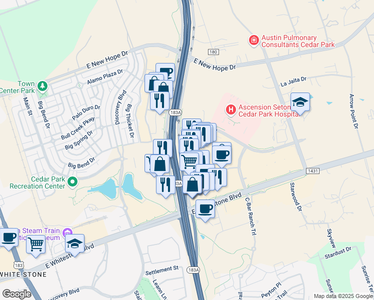 map of restaurants, bars, coffee shops, grocery stores, and more near 183A Frontage Road in Cedar Park