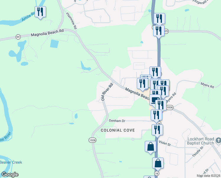 map of restaurants, bars, coffee shops, grocery stores, and more near 31852 Old River Road in Denham Springs