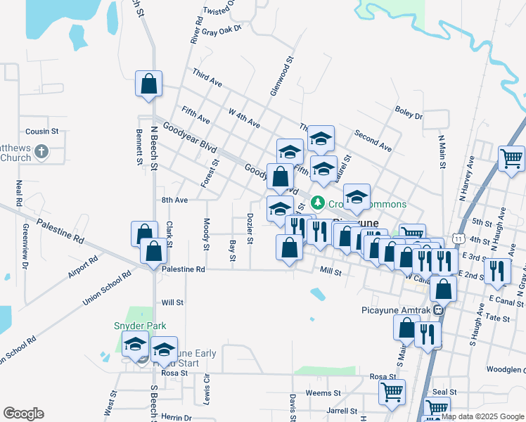 map of restaurants, bars, coffee shops, grocery stores, and more near 1001-1099 Small St in Picayune