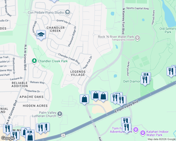 map of restaurants, bars, coffee shops, grocery stores, and more near 2721 Claremont Court in Round Rock