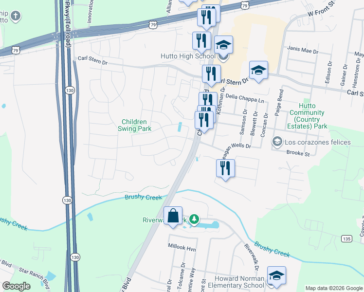 map of restaurants, bars, coffee shops, grocery stores, and more near 700 Farm to Market 685 in Hutto