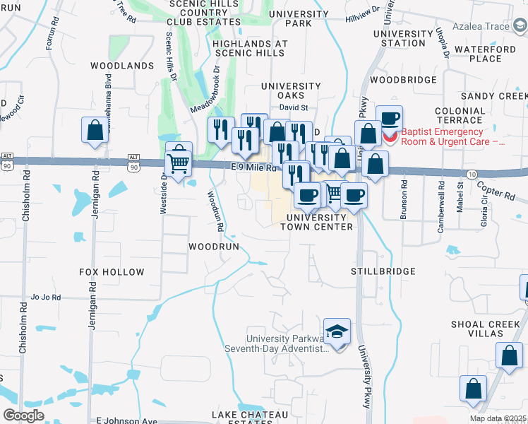 map of restaurants, bars, coffee shops, grocery stores, and more near 9300 Baldridge Drive in Pensacola