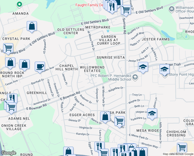 map of restaurants, bars, coffee shops, grocery stores, and more near 517-518 Willowbend Cove in Round Rock