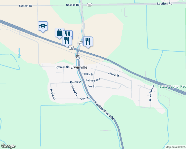 map of restaurants, bars, coffee shops, grocery stores, and more near 12513 Balis Street in Port Allen