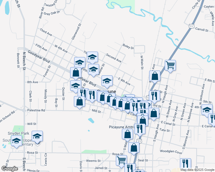map of restaurants, bars, coffee shops, grocery stores, and more near 600 Goodyear Boulevard in Picayune