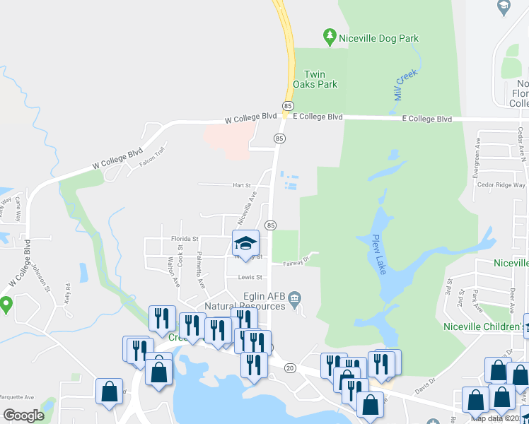 map of restaurants, bars, coffee shops, grocery stores, and more near 121 Arrowhead Way in Niceville