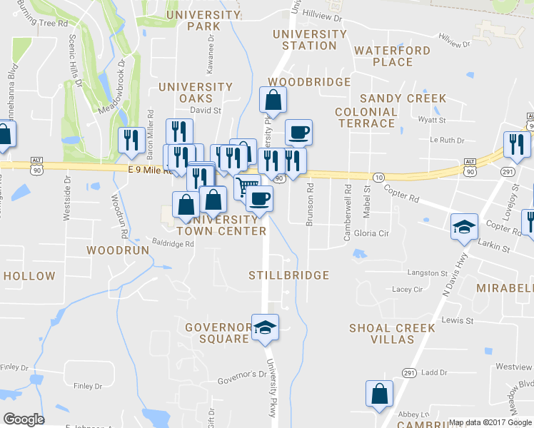 map of restaurants, bars, coffee shops, grocery stores, and more near 8877 University Parkway in Pensacola