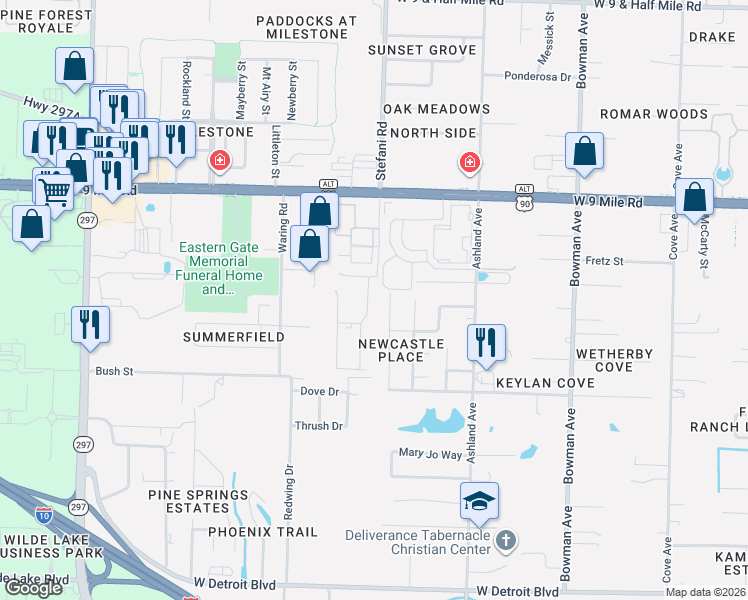 map of restaurants, bars, coffee shops, grocery stores, and more near 8988 Brigade Trail in Pensacola