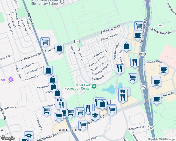 map of restaurants, bars, coffee shops, grocery stores, and more near 1519 Big Bend Drive in Cedar Park