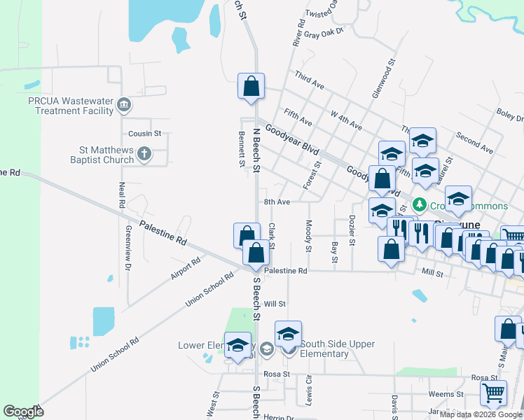 map of restaurants, bars, coffee shops, grocery stores, and more near 309-499 Clark Street in Picayune