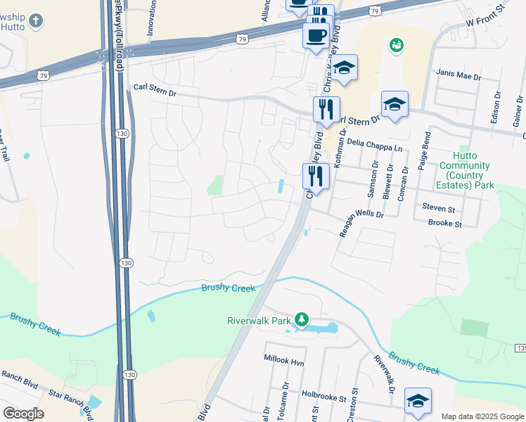 map of restaurants, bars, coffee shops, grocery stores, and more near 202 Barley Fork Lane in Hutto