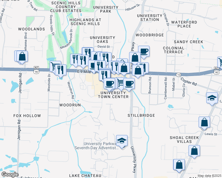 map of restaurants, bars, coffee shops, grocery stores, and more near 1749 East 9 Mile Road in Pensacola
