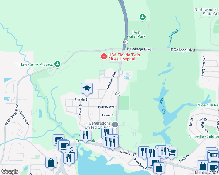 map of restaurants, bars, coffee shops, grocery stores, and more near 409 Niceville Avenue in Niceville