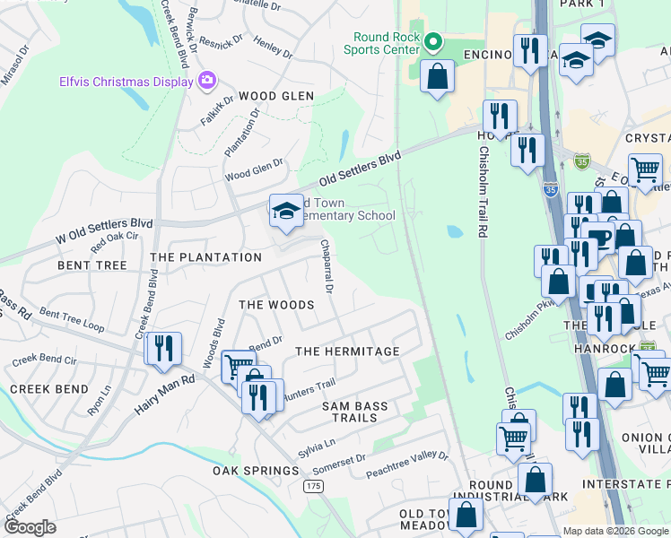 map of restaurants, bars, coffee shops, grocery stores, and more near 2003 Chaparral Drive in Round Rock