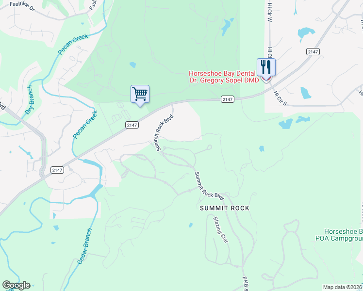 map of restaurants, bars, coffee shops, grocery stores, and more near 120 Azalea Loop in Horseshoe Bay