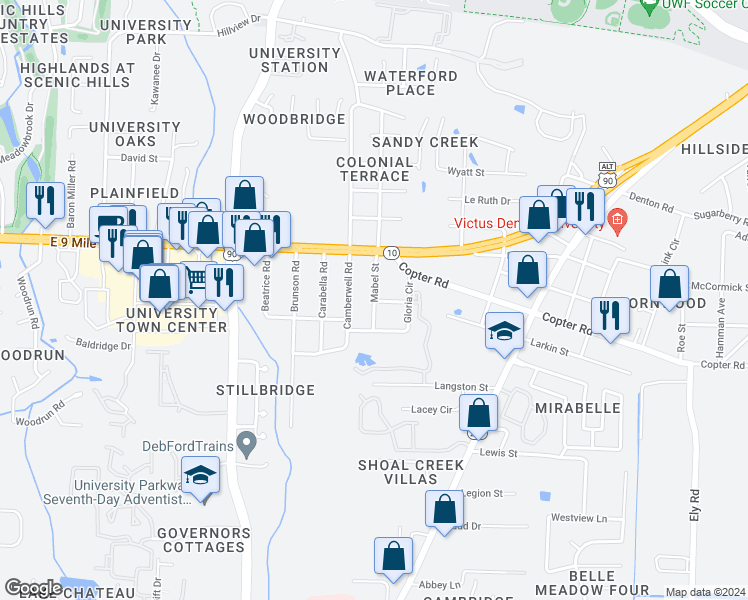 map of restaurants, bars, coffee shops, grocery stores, and more near 9303 Mabel Street in Pensacola