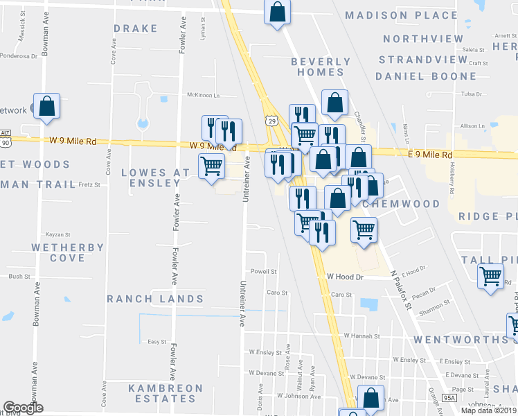 map of restaurants, bars, coffee shops, grocery stores, and more near 9110 Untreiner Avenue in Pensacola